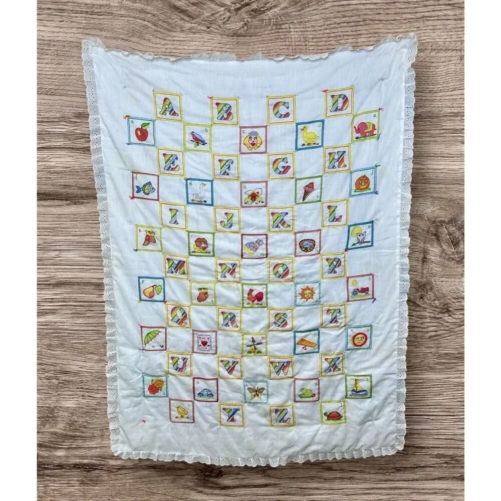 Vintage Hand Embroidered Blanket Baby Blanket Wall Decor Alphabet Patch Work